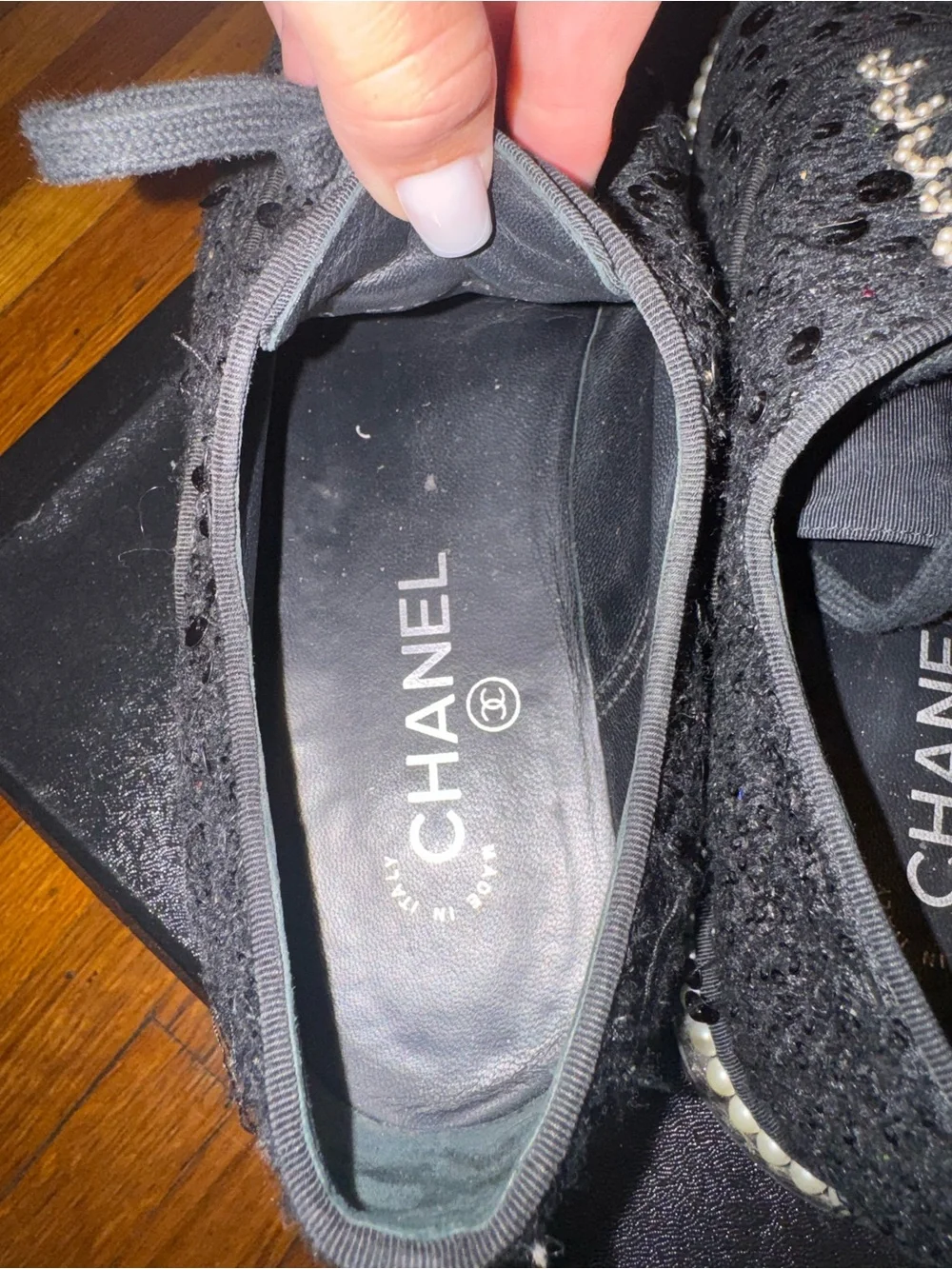 CHANEL Black Tweed Pearl-Trim Slip-On Sneakers